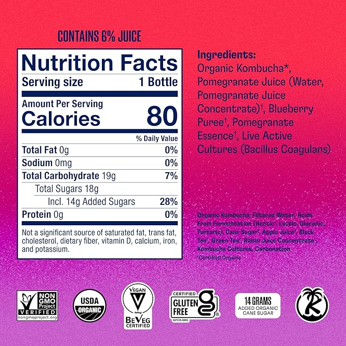 Health-Ade Kombucha Tea Organic Drink Fermented Tea with Living Probiotics Detoxifying Acids Supports Gut Health Non-GMO Vegan Gluten Free 12 Pack (16 Fl Oz Bottles) Pomegranate Blueberry