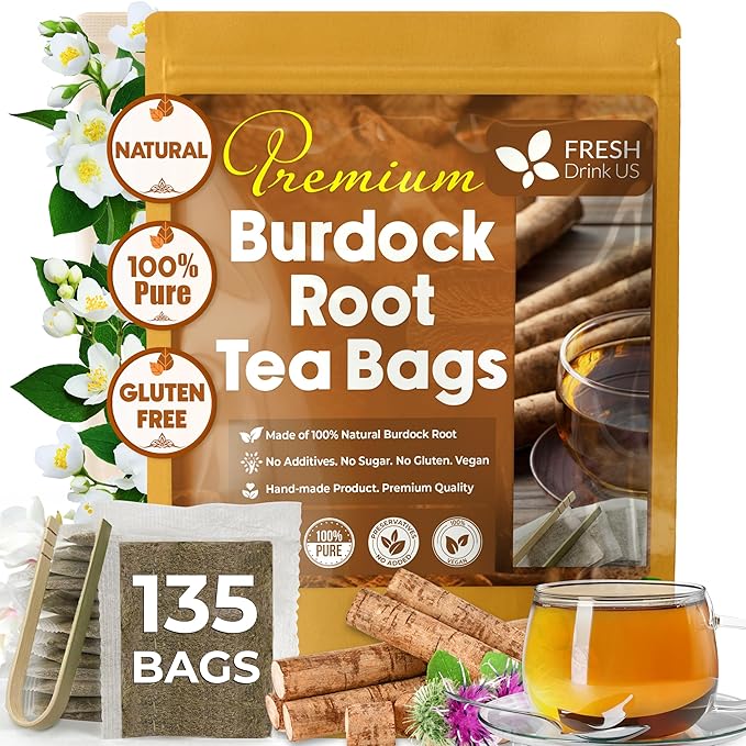 FreshDrinkUS Premium 135 Burdock Root Tea Bags 100% Natural &amp Pure. Made with Natural Material Tea Bags. No Sugar No Caffeine No Gluten Vegan.