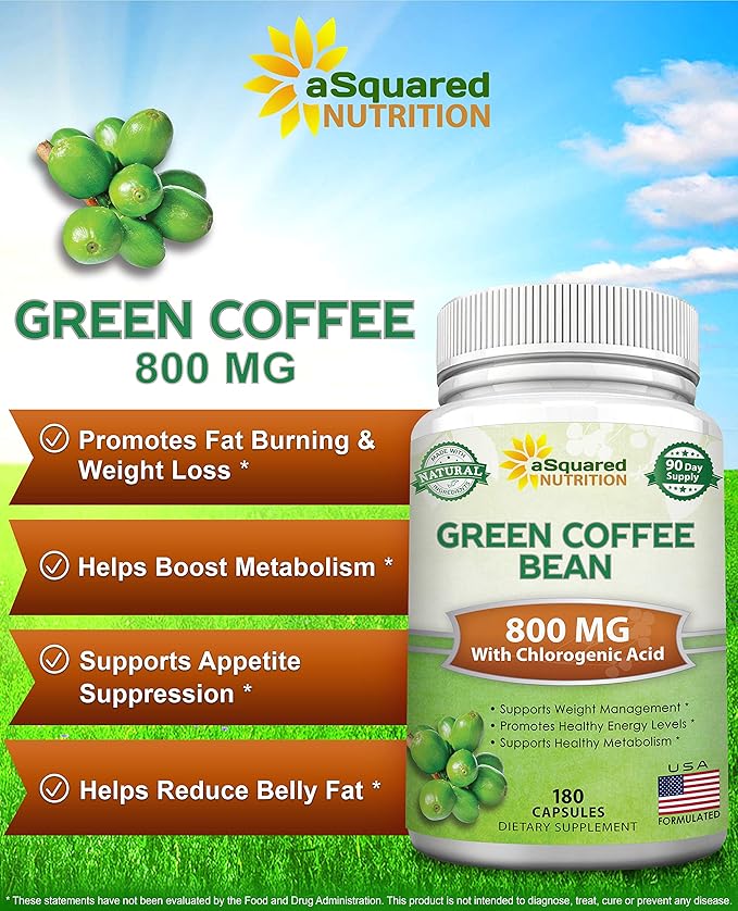 aSquared Nutrition Natural Green Coffee Bean Formula-180 Capsules-Max Strength GCA Antioxidant Cleanse for Pure Weight Loss 800mg per Pill-Chlorogenic Acid-1600mg Daily Supplement Healthy Fat Burner