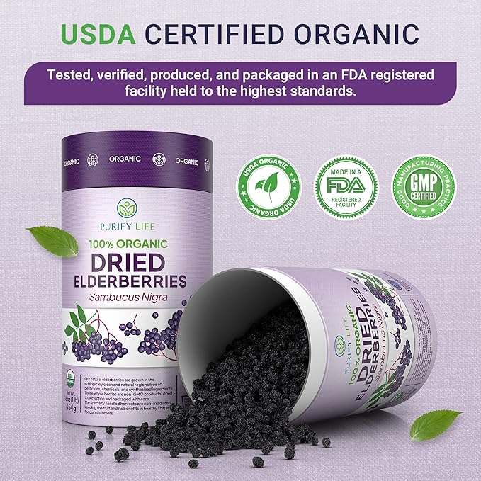 USDA Organic Dried Elderberries 1lb Bulk (Safest Packaging Resealable Bag BPA-Free Scoop) Natural non-irradiated Raw Whole Black Elderberry Immune Support Make Sambucus Elderberry Syrup 1 Pound