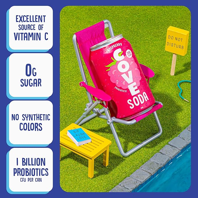 Cove Probiotic Soda Zero Sugar Better-For-You Alternative - Refreshing Delicious Probiotic Drink No Synthetic Colors &amp Caffeine Free - Raspberry 12 Pack