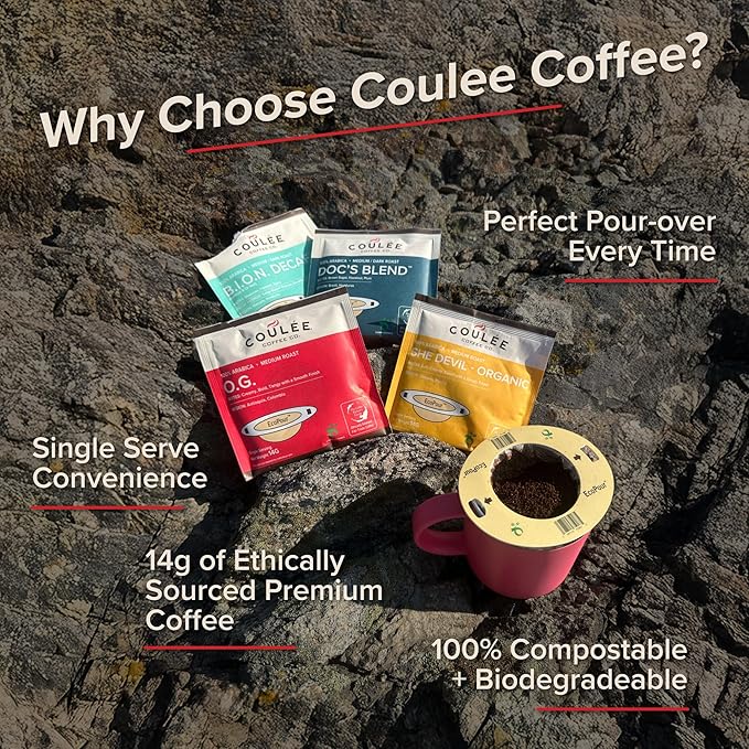 Coulée EcoPour Coffee Variety Pack Single Serve Pour Over Coffee Use for Camping or Traveling Pre Filled Compostable Filters Ready to Brew with Hot Water Includes 4 Flavors 20 Pack