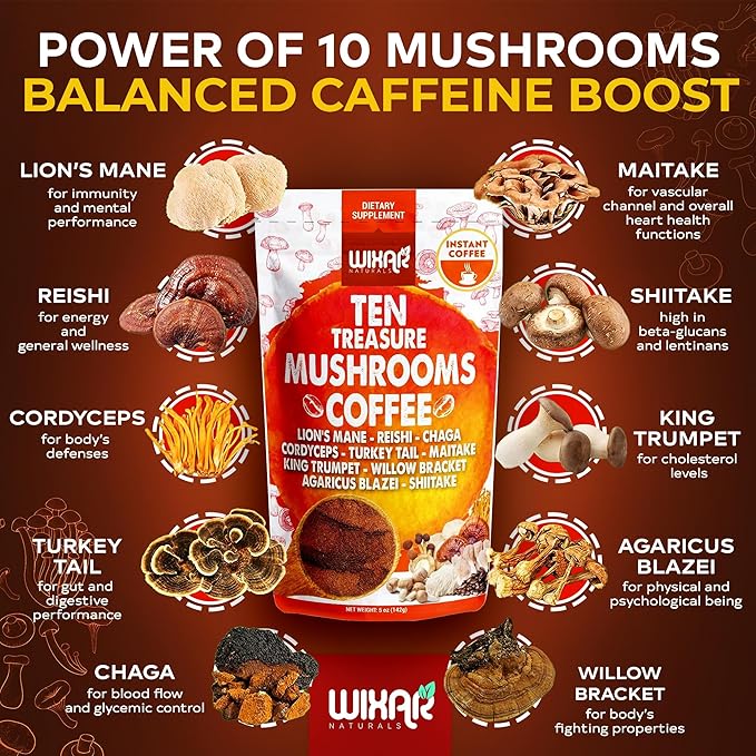 Wixar Mushroom Coffee Blend - Ten Treasure Mushrooms Extract Instant Coffee Powder with Lions Mane Turkey Tail Reishi Chaga Shiitake Maitake Cordyceps Complex - 5oz Mushroom Supplement