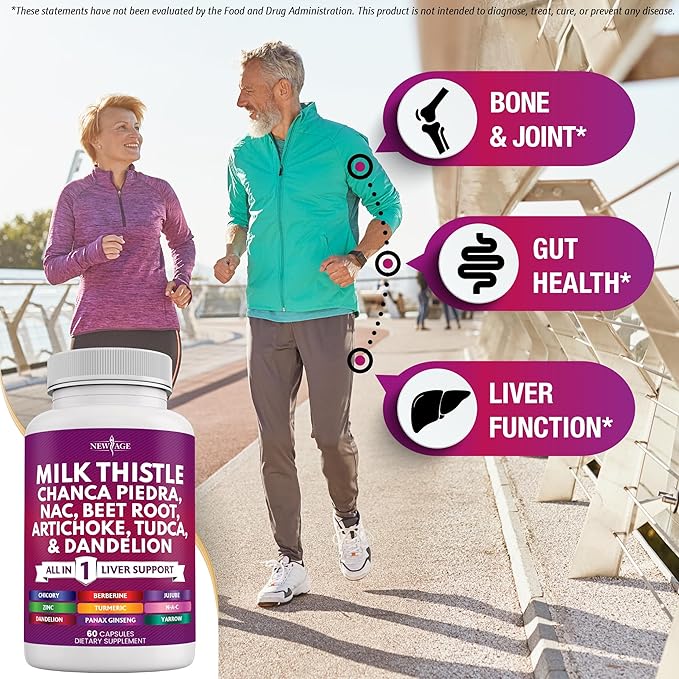 NEW AGE Milk Thistle NAC Chanca Piedra Beet Root Artichoke Dandelion Root Astragalus - Plus TUDCA &amp Ginger - 60 Count
