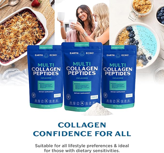 Earth Echo Multi Collagen Peptides Powder - Unflavored Hydrolyzed Collagen with Vitamin C &amp Hyaluronic Acid for Skin Joints Gut &amp Immunity - Non-GMO Dairy-Free Keto-Friendly - 26 Servings