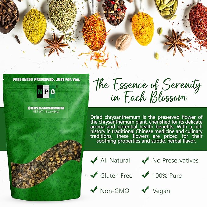 NPG Chrysanthemum Bud Tea 16 Oz Premium Dried Chinese Tai Ju Flowers Juhua Herbal Tea Caffeine-Free Non-GMO Loose Leaf with Floral Fragrance Sweet and Refreshing Flavor for Relaxation