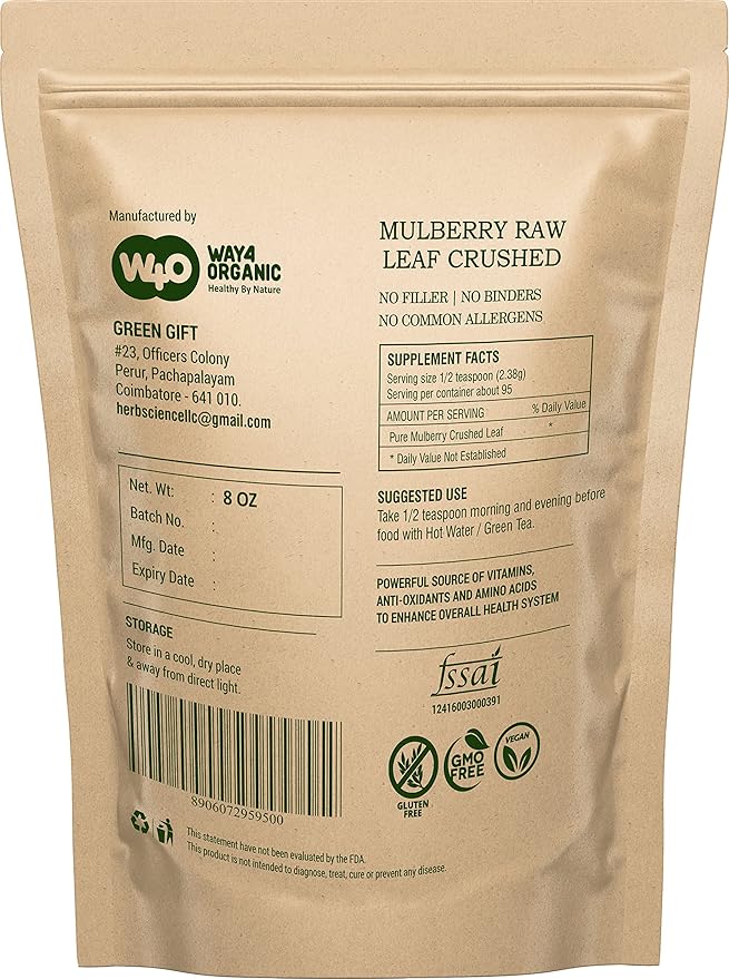 Mulberry Leaf Tea 8 Oz Dried Crushed Leaves Best Caffeine Free Tea - Way4Organic (8 Oz (2 Pack))