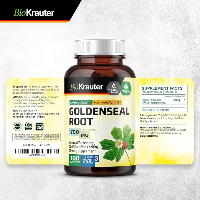 BIO KRAUTER® Goldenseal Root - Pure &amp Vegan Goldenseal Capsules 700mg/serving 100 Caps - Immune &amp Respiratory Support - Golden Seal Powder for Digestive Support - No Fillers Non-GMO 100-Days