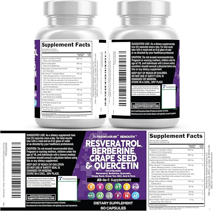 Clean Resveratrol Supplement | Berberine Grape Seed Extract Quercetin Green Tea Extract Acai Noni Polyphenol Supplement for Women &amp Men N-Acetyl Cysteine