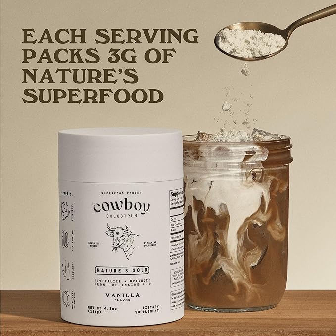 Cowboy - The Exclusive 1st Milking Whole Grass Fed Colostrum Supplement for Full Body Health - Bovine Colostrum Powder Packed w/Bioactive Nutrients - Sugar Free (Vanilla 40 Servings)