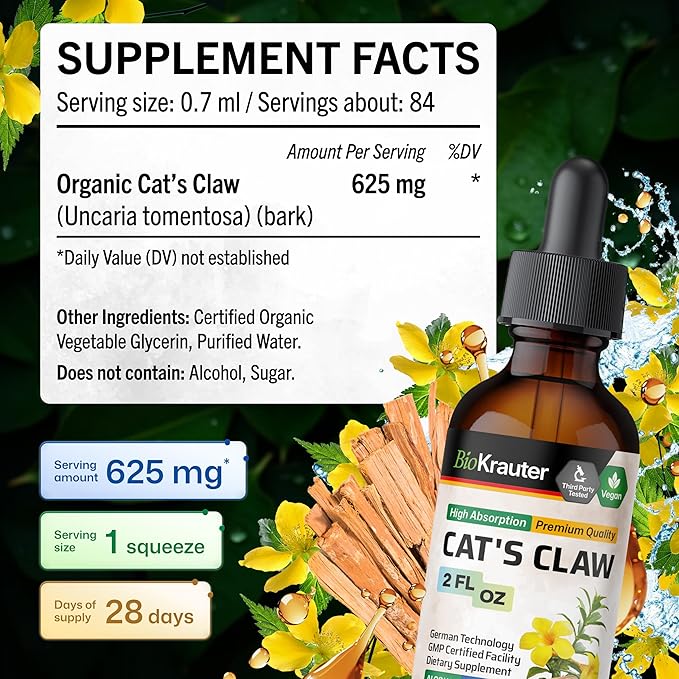 BIO KRAUTER® Cats Claw - Liquid Drops Pure Vegan Cats Claw Herb Supplement 625 mg per Serving 2 Fl.Oz 28-Day Supply - Used for Digestive &amp Immune Support Natural Antioxidant - Alcohol &amp Sugar
