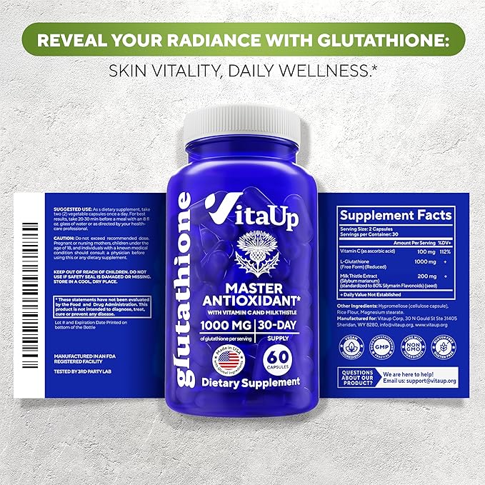 Reduced Glutathione Supplement 1000mg - USA Made Glutathione Capsules with Vitamin C &amp Milk Thistle for Liver Care Skin Support &amp Immune Well-Being - 60 Count