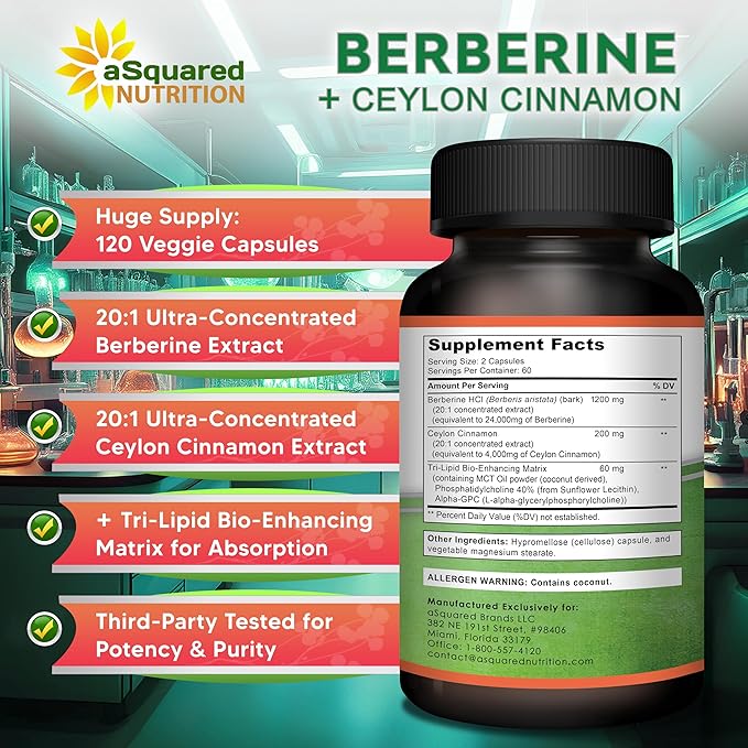 aSquared Nutrition Berberine with Ceylon Cinnamon Supplement - 1400mg Per Serving Max Strength - 120 Capsules - 1200mg Per Serving HCl Powder Extract Plus Pills - Alternative to Gummies (Pack of 2)