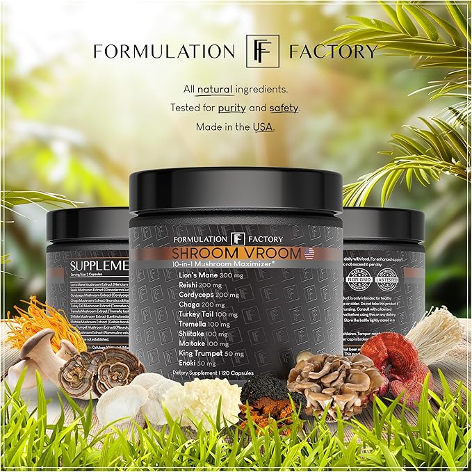 Shroom Vroom: 10-in-1 Mushroom Supplement Lion’s Mane Reishi Cordyceps Chaga Turkey Tail Tremella Shiitake Maitake King Trumpet &amp Enoki Brain Boost Immune Support (360 count Pack of 3)