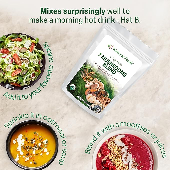 Z Natural Foods Organic 7 Sacred Mushrooms Blend - Mushroom Powder - Lion’s Mane Cordyceps Chaga Red Reishi Shiitake Maitake &amp Turkey Tail Extract for Coffee Smoothies 7 oz