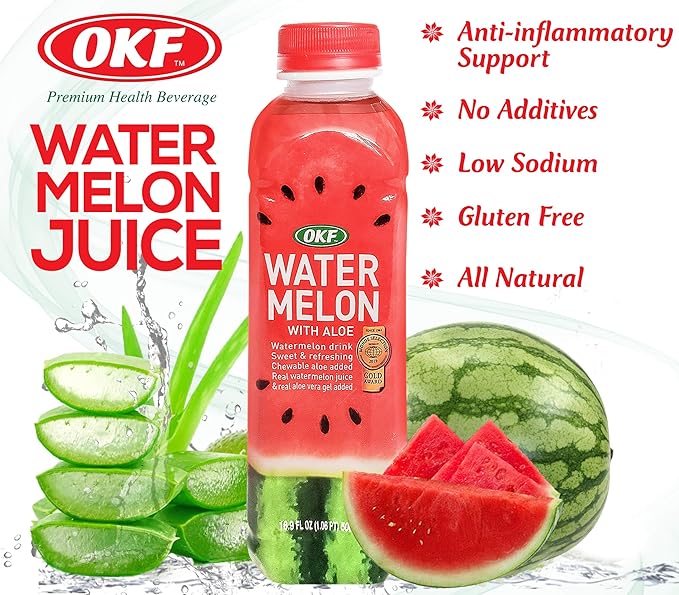 OKF Watermelon with Aloe Vera Drink Sweet and Refreshing W/Chewable Aloe added. Real Watermelon Juice and Real Aloe Vera Gel Added 16.9 Fluid Ounce (Pack OF 10)