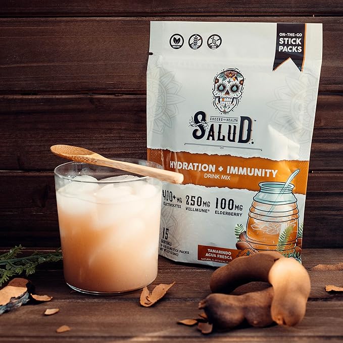Salud 2-in-1 Hydration Packets + Immunity Electrolytes Powder Tamarindo - Agua Fresca Drink Mix Elderberry Dairy &amp Soy Free Non-GMO Gluten Free Vegan Low Calorie 1g Sugar (15 Servings)