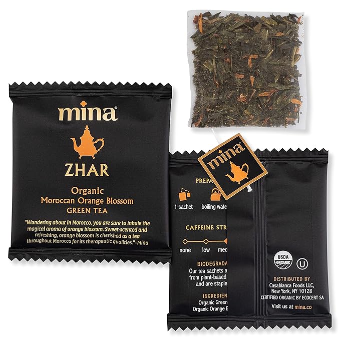 Mina Zhar Organic Moroccan Orange Blossom Green Tea 15 Biodegradable Sachets (Pack of 6) - Refreshing Sencha Green Tea Bags Low in Caffeine Orange Blossom Tea Bags
