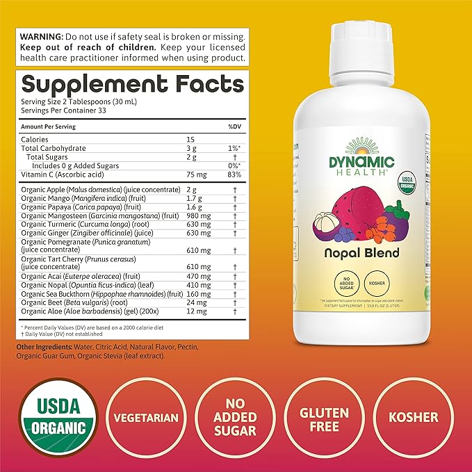 Dynamic Health Nopal Blend Juice with Acai Certified Organic Mangosteen and Seabuckthorn Natural Antioxidants Omegas Vitamins and Amino Acids Vegetarian Gluten-Free 33.8oz