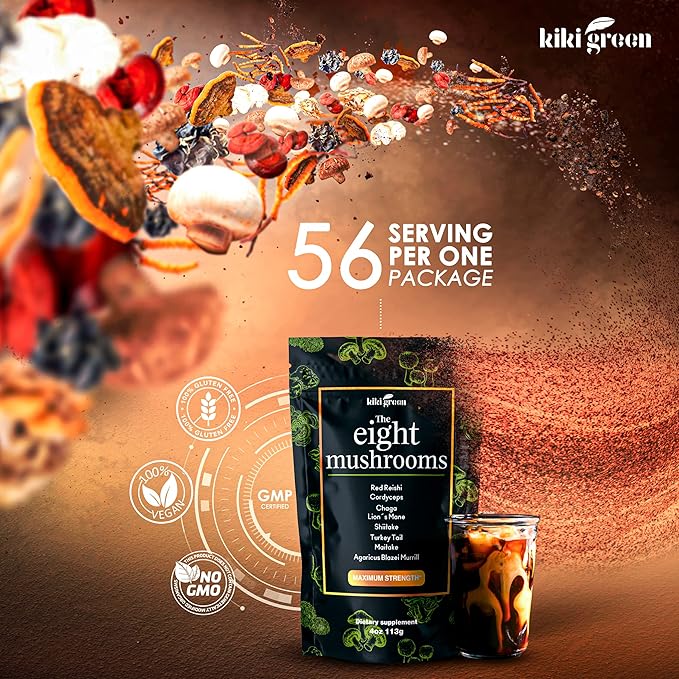 KIKI Green 8 Mushrooms Powder Extract - 4 oz Adaptogenic Complex for Coffee and Smoothies - Lion's Mane Chaga Reishi Cordyceps Maitake Shiitake - Focus and Energy