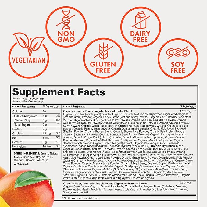 Zena Nutrition Liquid Collagen Peptides and Biotin Mixed Berry 20.3 Fl Oz + Organic Supergreens Greens Powder 70+ Superfoods Mango 30 Servings
