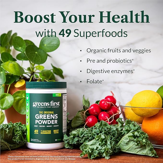 Greens First Original Greens Powder - 49 Superfoods - Organic Fruits &amp Veggies - Prebiotics Probiotics &amp Digestive Enzymes - Antioxidant Smoothie - Dairy Free/Vegan/Non-GMO (Peach Mango 30 S