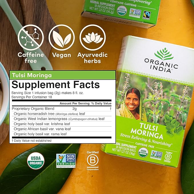 Organic India Tulsi Moringa Tea Bags - Holy Basil Lemongrass Moringa Leaves Stress Relieving &amp Nourishing Immune Support Tea Vegan Certified Organic Caffeine-Free - 18 Infusion Bags 1 Pack