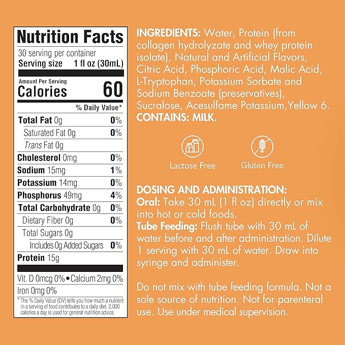 Liquid Collagen Peptides Type I III 15 Grams Protein per Oz. |Prosource NoCarb Orange Crème Bottle Medtrition|