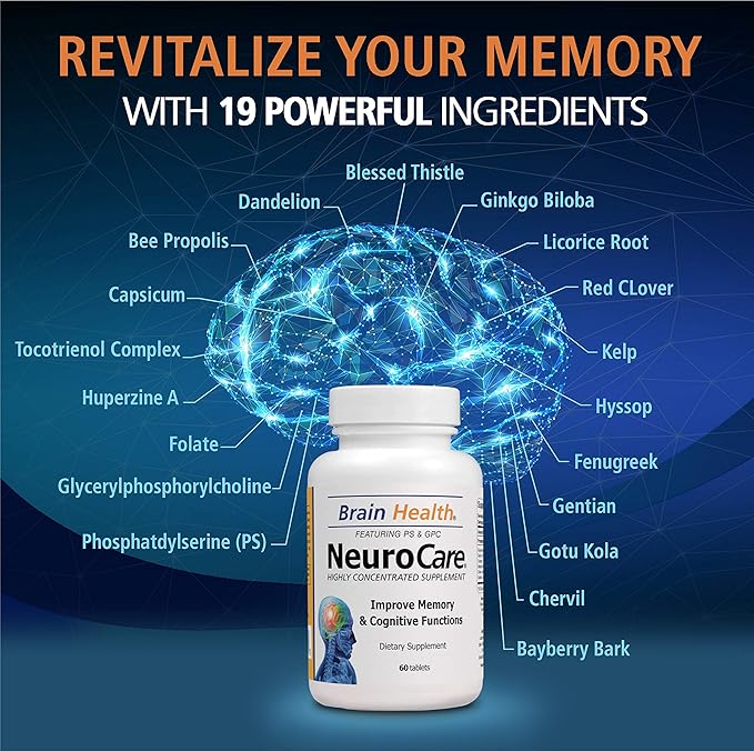 Neuro Care Nootropic Brain Health Supplement Highly Concentrated Memory Booster Enhanced Mental Focus Cognition Memory Concentration and Clarity 100% Natural Dietary Supplement - 60 Tablets