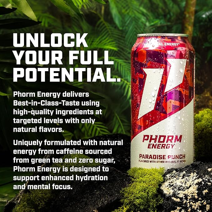Phorm Energy Drink Paradise Punch 200 MG Natural Caffeine From Green Tea Sugar Free Carbonated Drink With Electrolytes &amp Vitamin B12 Dairy &amp Gluten Free Vegan 16 FL Oz Cans 12 Pack