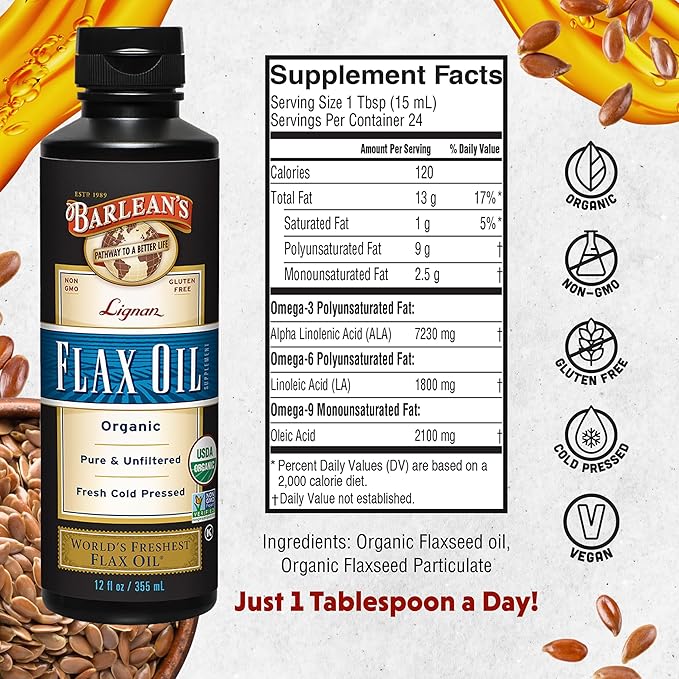 Barlean's Organic Lignan Flaxseed Oil Liquid Supplement from Cold Pressed Flax Seeds 7230 mg ALA Omega-3 Fatty Acids for Healthy Hair Skin and Eyes Gluten Free 12 oz