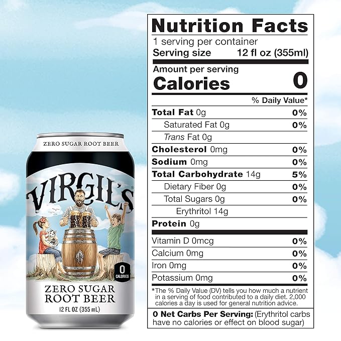 Virgil’s Zero Sugar Root Beer Great Tasting Zero Calorie Keto Friendly Soda (24- 12oz cans)