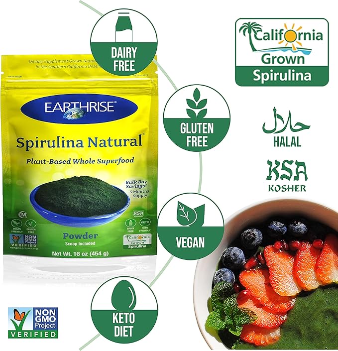 Earthrise Spirulina Natural Powder 16oz Natural Premium Spirulina from California- Vegan Gluten Free Keto Friendly Non -GMO Super Food high in Vitamins &amp Minerals. (1 LB)