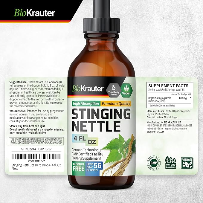 BIO KRAUTER® Stinging Nettle for Seasonal Support - Stinging Nettle Root Tincture (Urtica Dioica) 680 mg for Urinary Tract Support &amp Daily Wellness - 4 Fl.Oz. 56 Days of Supply Sugar &amp Alcoh