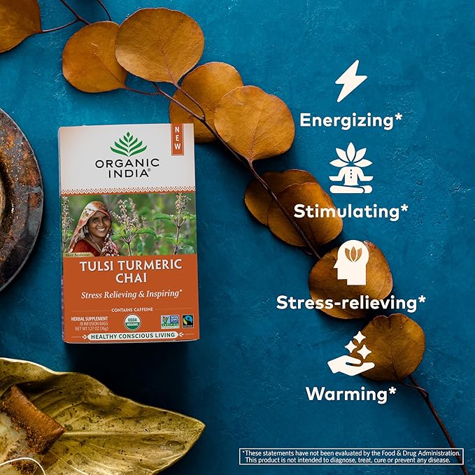 Organic India Tulsi Turmeric Chai Tea - Herbal Tea Bags with Caffeine Ginger Root Cinnamon Holy Basil Stress Relieving and Energizing Immune Support Helps Digestion - 18 Count Pack of 6