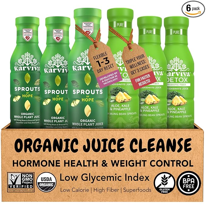 Karviva Organic Juice Cleanse for Liver Detox &amp Hormone Health - Ancient Remedies with Broccoli Sprouts Aloe Vera Kale Kiwi Ginger - Low-Sugar Prebiotic Fiber Antioxidants (6 BPA-Free Toxi