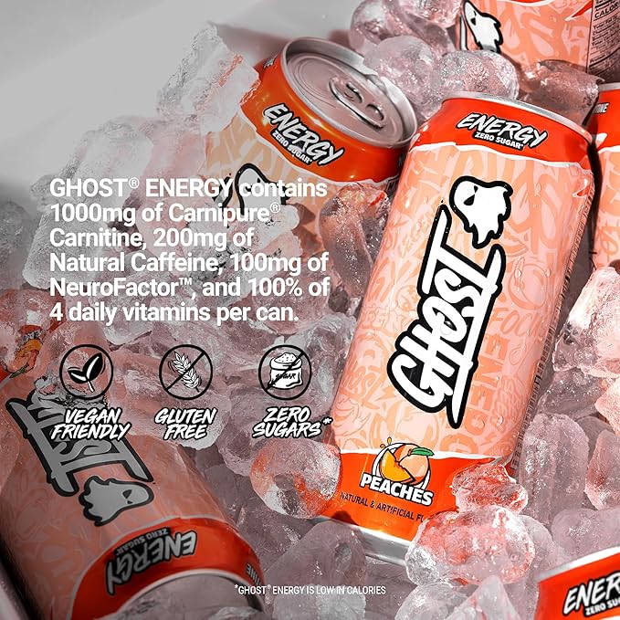 GHOST Energy Drink - 12-Pack Peaches 16oz - Energy &amp Focus &amp No Artificial Colors - 200mg of Natural Caffeine L-Carnitine &amp Taurine - Gluten-Free &amp Vegan