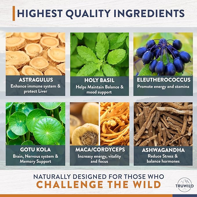 TruWild Adaptogen Blend with Cordyceps Maca Ashwagandha - Full Spectrum Mushroom Blend for Daily Support and Function All Natural Formula with 7 Key Ingredients 60 Capsules