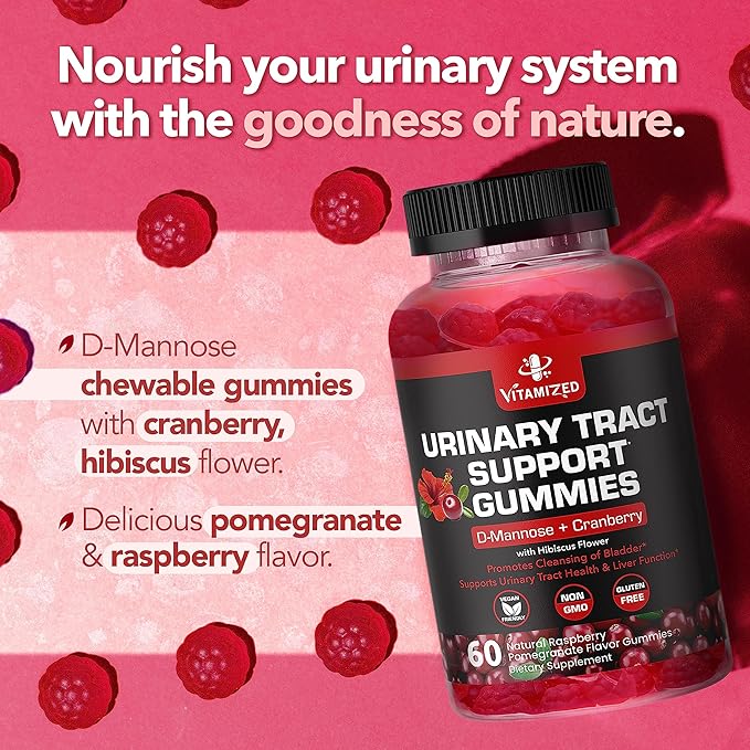 Potent Cranberry Gummies with D Mannose - Urinary Tract Health for Women &amp Men Urinary Flush &amp Bladder Fast-Acting Support Supplements with Hibiscus Powder 60 Count