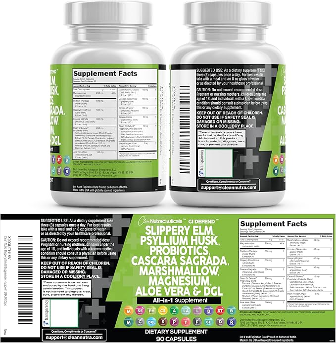 Clean Nutraceuticals Slippery Elm Psyllium Husk Pre Probiotic Digestive Gut Health Supplement with Aloe Vera Cascara Sagrada Marshmallow Root DGL Licorice Senna Extract (Pack of 2)