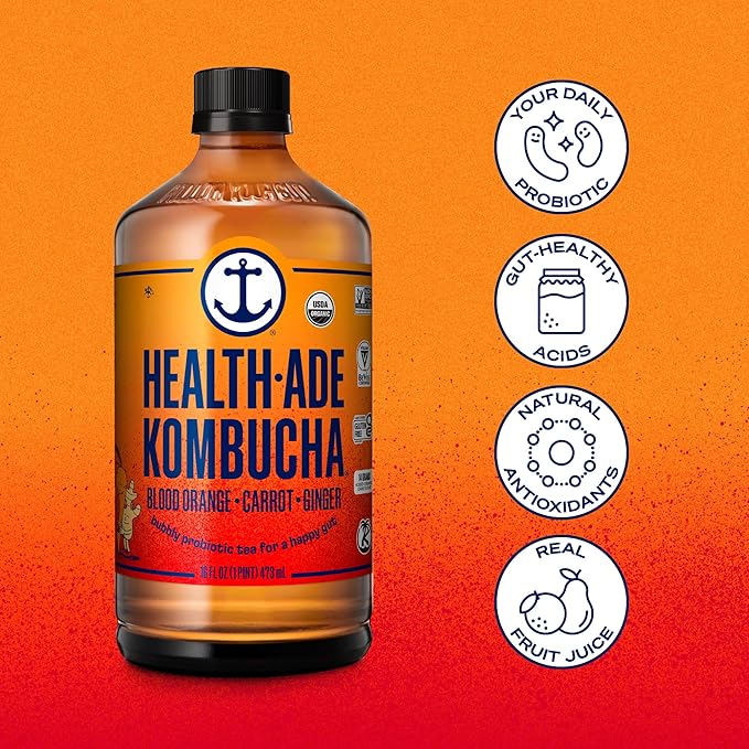Health-Ade Kombucha Tea Organic Drink Fermented Tea with Living Probiotics Detoxifying Acids Supports Gut Health Non-GMO Vegan Gluten Free 12 Pack (16 Fl Oz Bottles) Blood Orange Carrot Ginger
