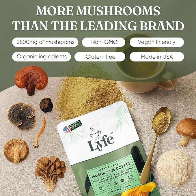 LYFE Organic Instant Mushroom Coffee 40 Servings – Lion’s Mane Chaga Cordyceps &amp Turkey Tail | USA Grown Adaptogenic Blend for Energy Focus &amp Wellness - Natural Superfood Coffee for Daily