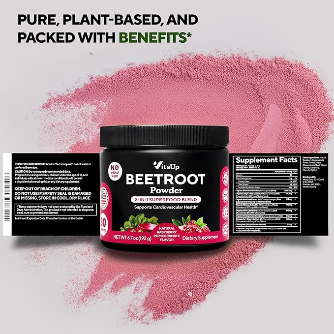 Beet Root Powder 8 in 1 – USA Made Beets Powder Supplements with Grape Seed Hawthorn Coq10 – with Organic Beetroot for Energy &amp Circulation Support – Non-GMO Mixed Berry Flavor 30 Serving