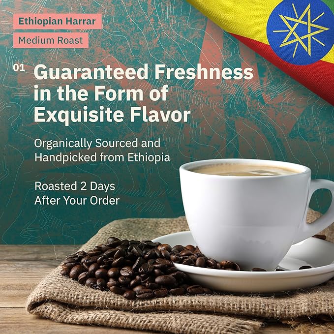 Kochere Ethiopian Harrar Whole Bean Coffee – 5 lb Bag – Organic Single-Origin Medium Roast – Artisanal Small-Batch Roasted for Specialty Cafés &amp Discerning Coffee Lovers