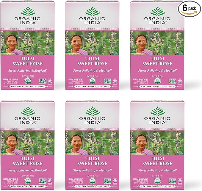 Organic India Tulsi Sweet Rose Herbal Tea - Holy Basil Leaf African Basil Chamomilie Lemon Myrtle Stress Relieving Immune Support USDA Certified Organic Caffeine-Free - 18 Infusion Bags 6 Pack