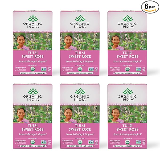 Organic India Tulsi Sweet Rose Herbal Tea - Holy Basil Leaf African Basil Chamomilie Lemon Myrtle Stress Relieving Immune Support USDA Certified Organic Caffeine-Free - 18 Infusion Bags 6 Pack