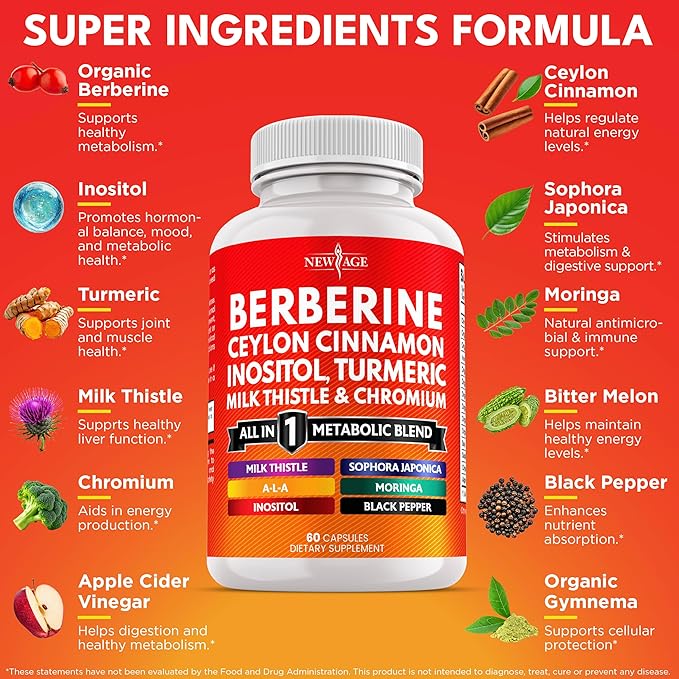 Berberine and Ceylon Cinnamon Supplement - Bitter Melon Glucomannan Gymnema Sylvestre Chromium Moringa Milk Thistle Turmeric Inositol Pills - 120 Count