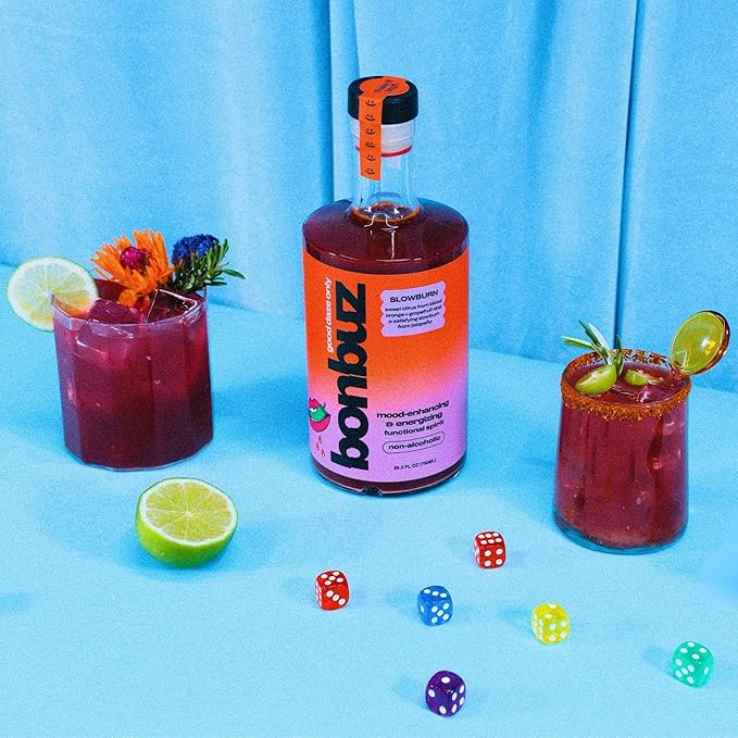 Bonbuz Slowburn - Functional Non-Alcoholic Spirit with a Buzz - Nootropics &amp Adaptogens - Spicy Sugar-Free Mocktail Mixer &amp Alcohol Replacement Drink - Low-Calorie Keto Gluten-Free - 750ml
