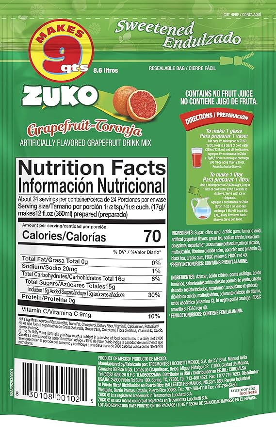 Zuko Grapefruit Instant Powder Drink | Family Pack | No Sugar Needed | Vitamin C | 14.1 Ounce (Pack of 2)