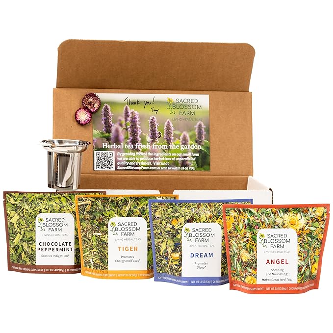 Sacred Blossom Farm Herbal Tea | Box of Flavor Set | 4 Top Selling Flavors | Farm Direct | Loose Leaf Tea | All Natural &amp Sustainably Grown in USA | Caffeine Free | 100+ Servings